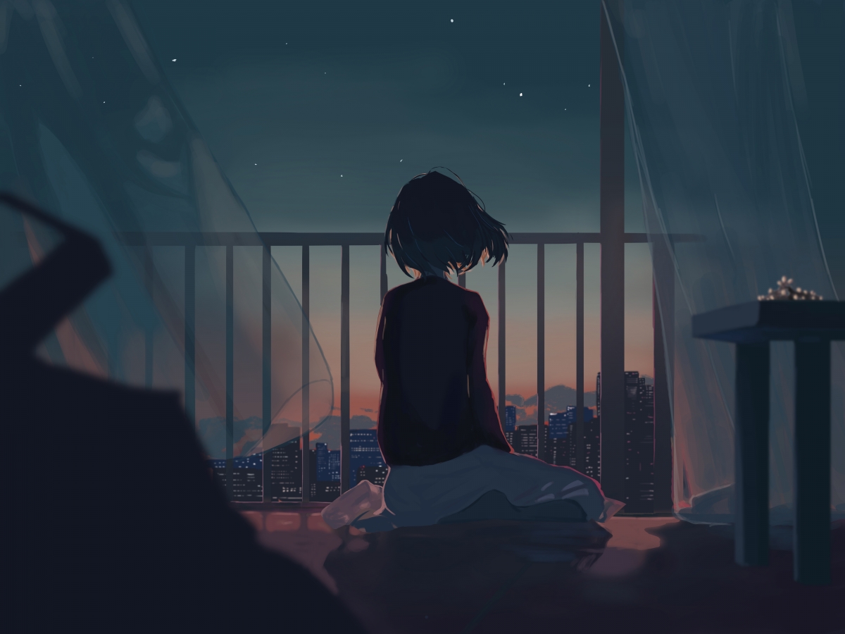 少女之夜，城市星光窗帘下，绝美夜晚风景4K动漫壁纸高清下载