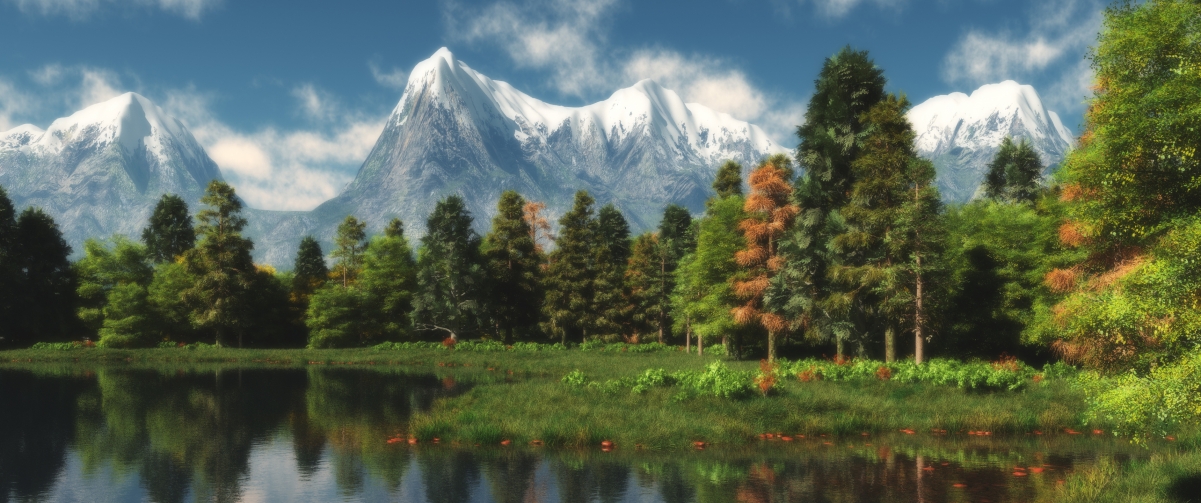 雪山、树林与湖泊共绘绝美山景，高清4K壁纸3440x1440，一键下载！