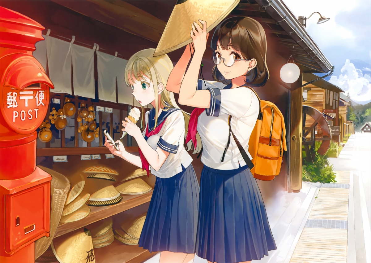 学校制服短发女孩逛街图集，斗笠风情4K动漫壁纸，高清大图4000x2831免费下载