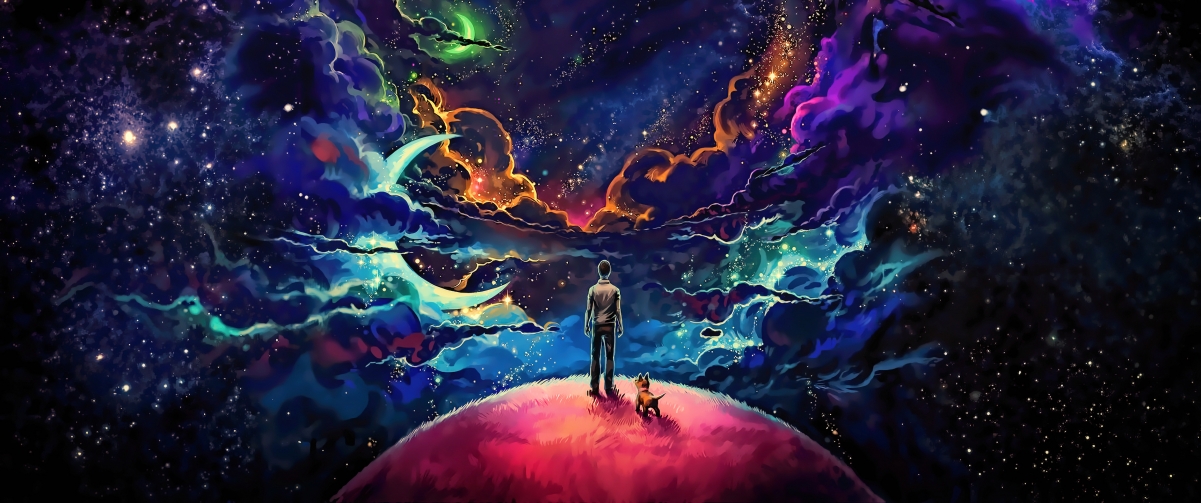 黑暗星空幻想艺术，唯美狗主题4K壁纸，高清3440x1440动漫图片下载