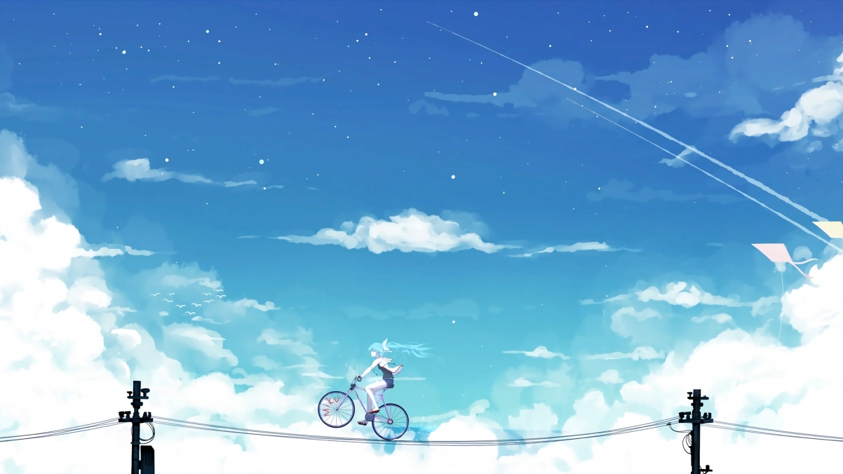 初音未来Miku，天空下的电线与单车，绝美4K动漫壁纸，高清3840x2160下载