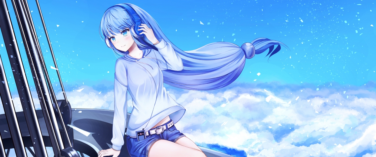 蓝色天空下的长发少女，身着牛仔短裤，乐音悠扬——精选4K动漫壁纸，高清3440x1440下载