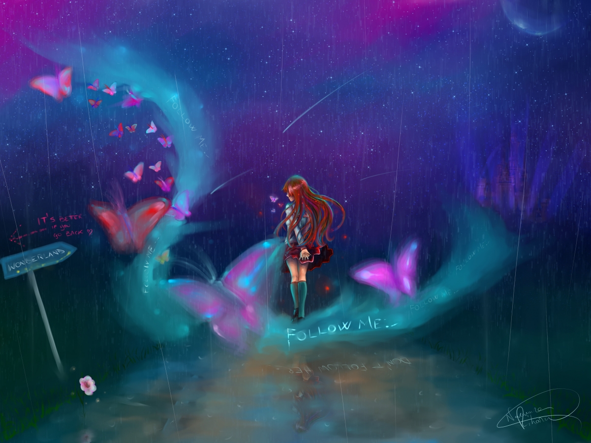 女孩与星蝶共舞，夜晚动漫壁纸，4K高清3800x2850，免费下载