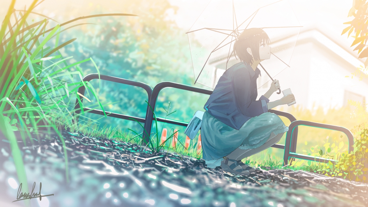 透明雨伞下的插画少女，绝美4K动漫壁纸，高清3840x2160下载
