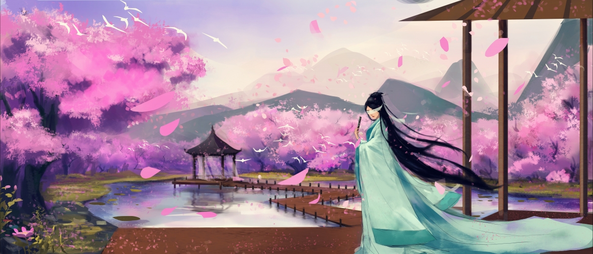 三生三世十里桃花，白浅姑姑唯美插画，8K超清影视壁纸，高清下载8576x3680