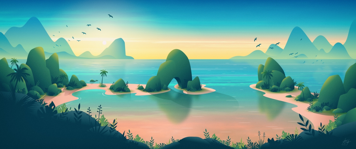 热带海洋日出美景，简约风4K带鱼屏壁纸，高清3440x1440下载