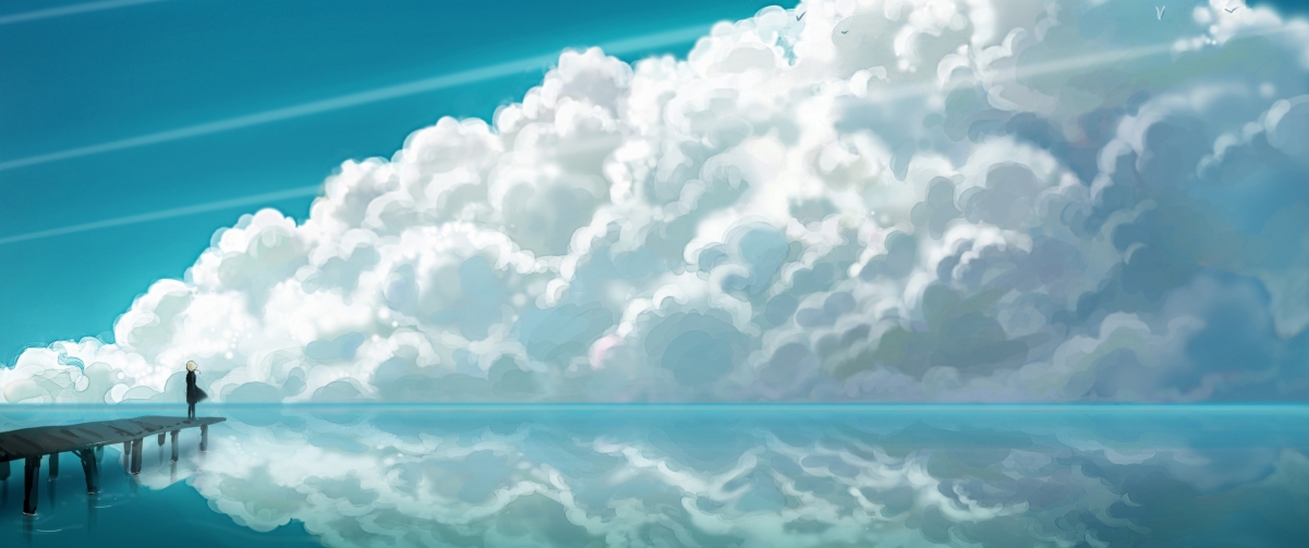 高清动漫壁纸下载，3440x1440 4K画质，女孩、大海、码头与云朵共绘美景