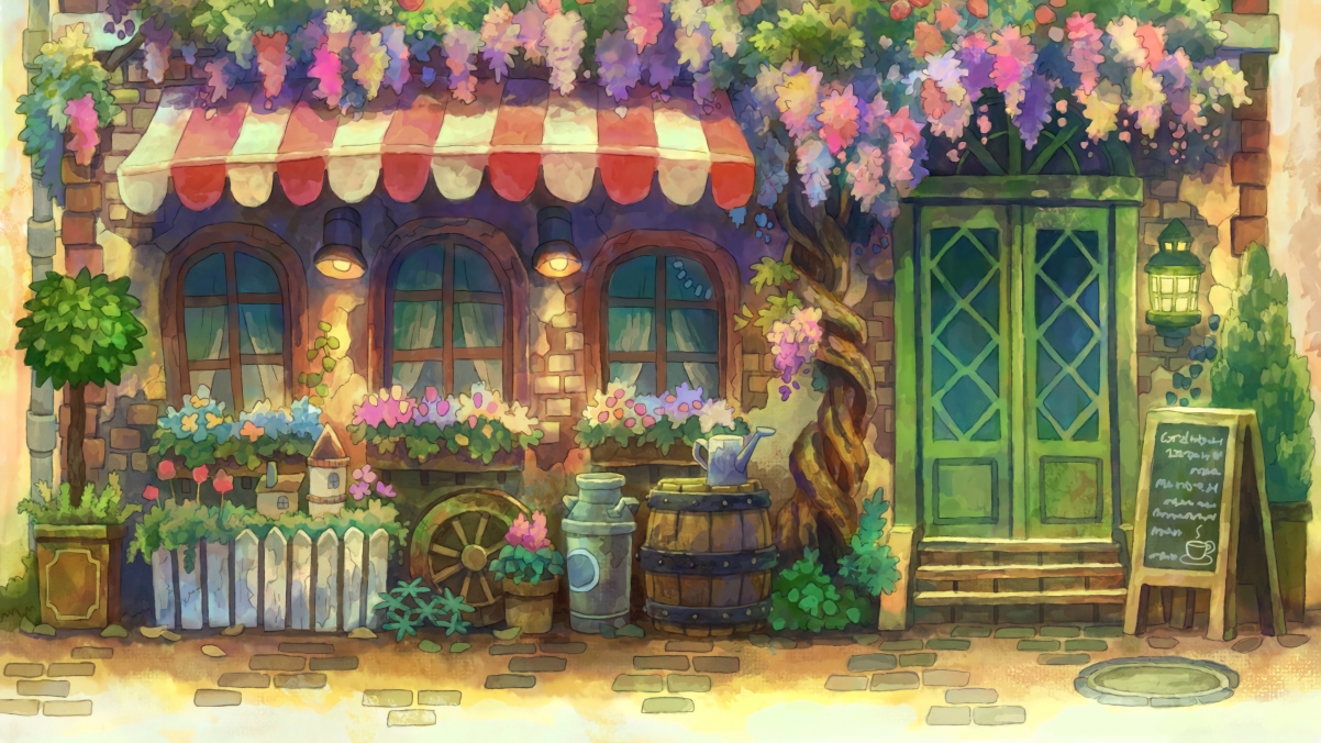 温馨咖啡屋手绘动漫壁纸，4K高清下载，3840x2160分辨率