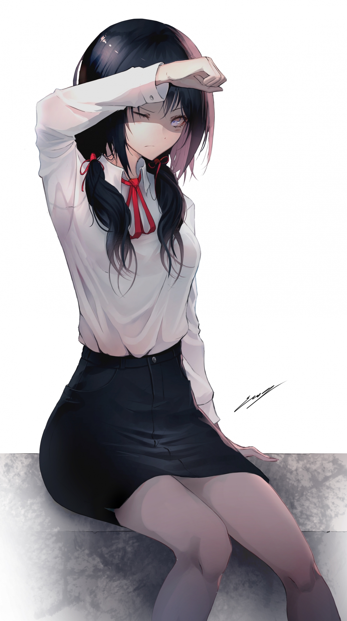 动漫女神穿搭，白衬衫黑短裙，绝美竖屏4K壁纸，高清2237x4000免费下载