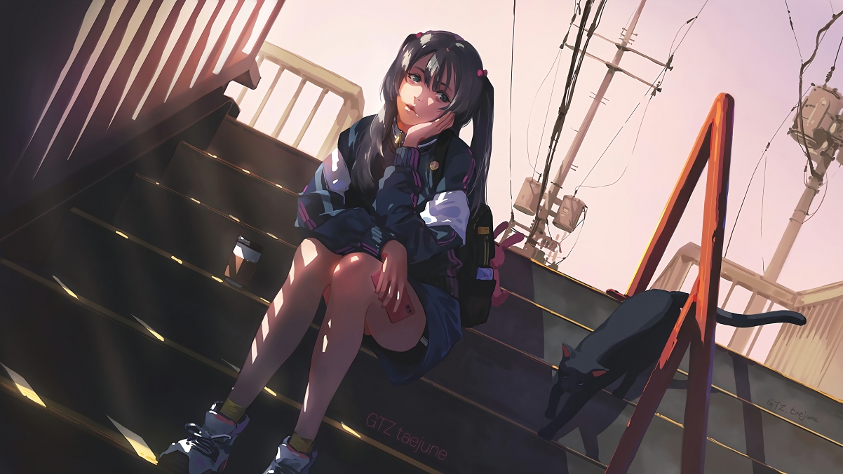 楼梯女孩绝美瞬间，4K动漫壁纸高清下载，3840x2160分辨率