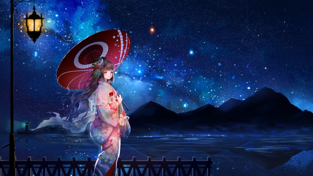 星空夜幕下，少女和服撑伞，唯美日本风情4K动漫壁纸高清下载