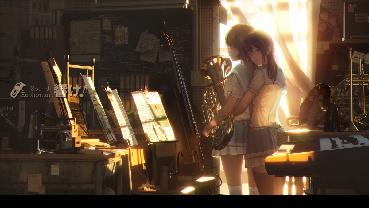女子制服校服教室乐音情，双姝奏响4K动漫壁纸，高清3840x2160下载