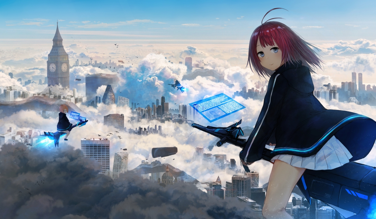 飞翔少女穿越云层，城市天际线4K高清动漫壁纸下载（4000x2325）