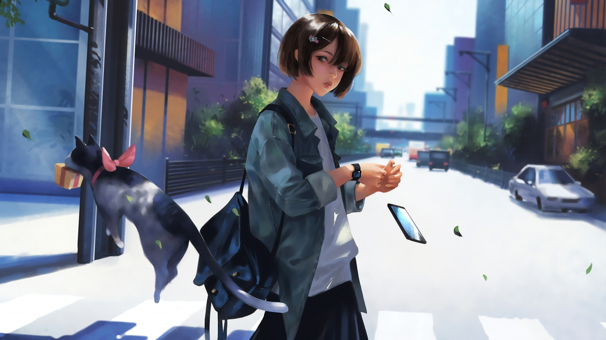 人行横道女孩与猫，绝美4K动漫壁纸，3840x2160超清下载