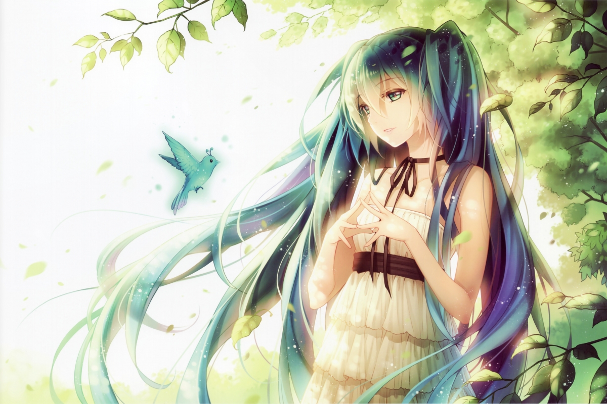 VOCALOID女孩微笑瞬间，树叶轻舞，小鸟欢歌，初音未来4K高清壁纸，尽享动漫之美（3739x2492）