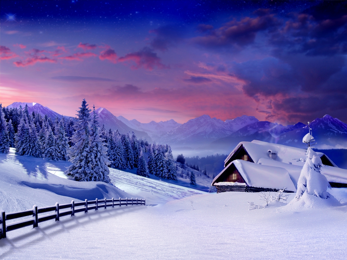 冬日雪景高清壁纸，树木小屋美景，4K超清4000x3000下载