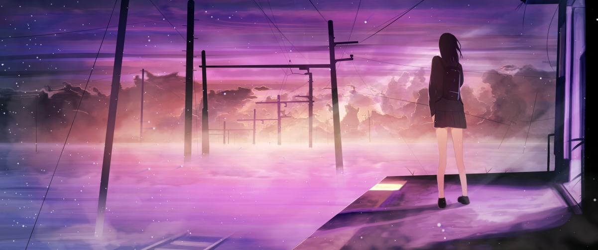 女生车站夜空之美，3440x1440高清4K动漫壁纸，唯美意境，免费下载