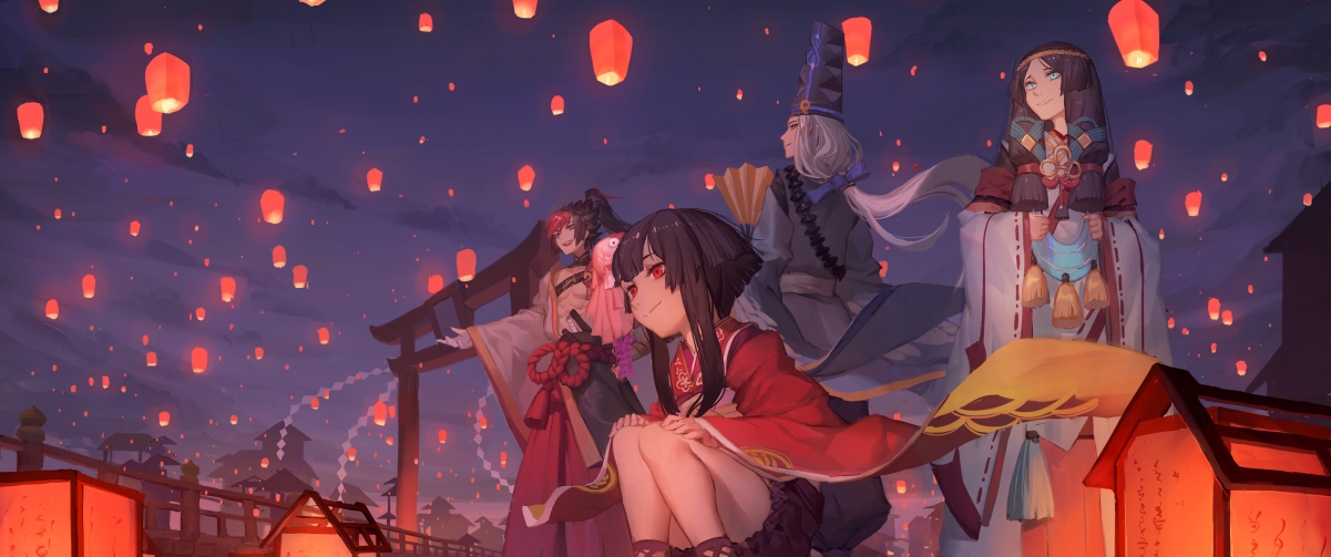 阴阳师同人画，小姑娘与孔明灯，小孩主题4K高清壁纸，3440x1440精美动漫图片下载
