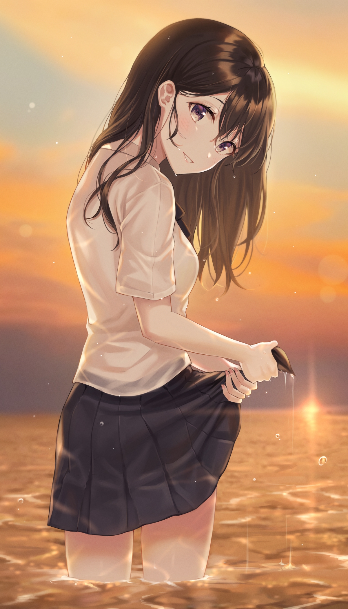 女高中生制服倩影，夕阳映海，绝美画面4K壁纸，2195x3840高清下载