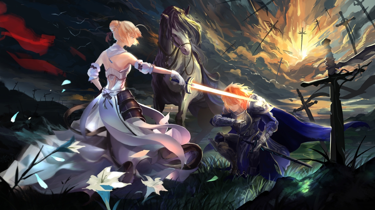 动漫女神Saber，命运之夜剑舞花瓣，绝美4K壁纸高清下载（4800x2688）