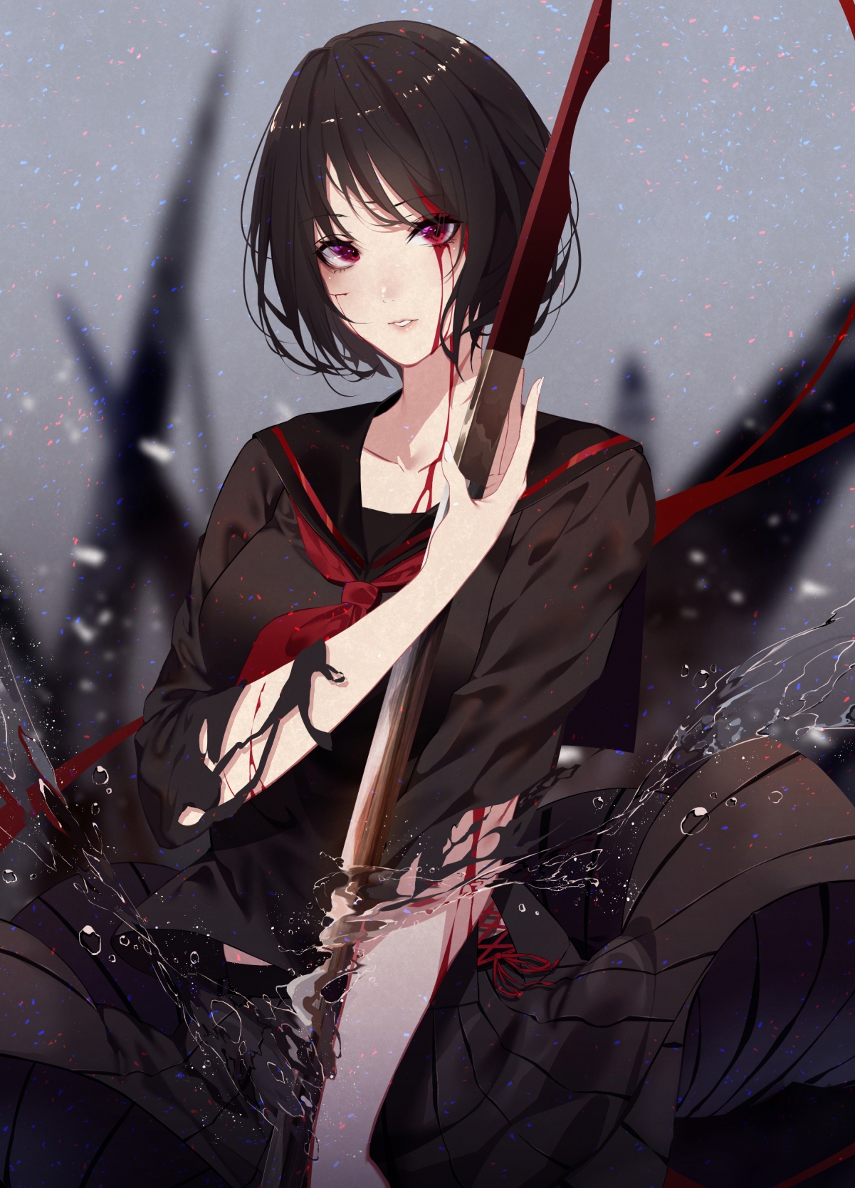 绝美女子黑色水手制服，执剑临水，2K/4K超清动漫壁纸，1800x2500高清下载
