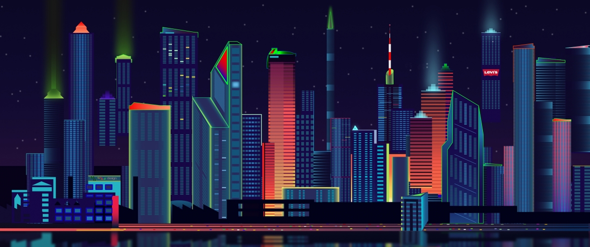 城市夜景全景4K矢量壁纸，高清3440x1440分辨率，一键下载