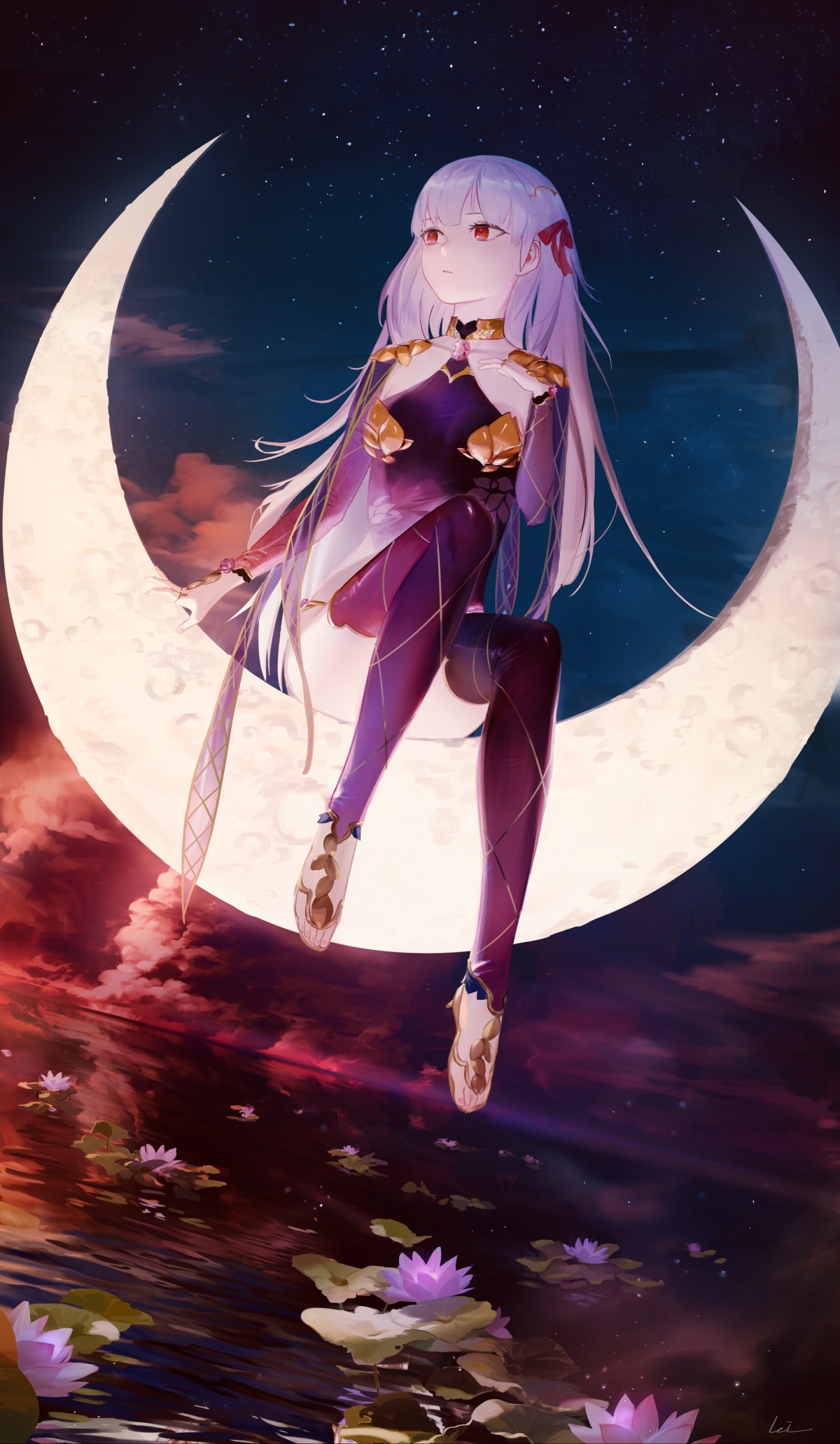 动漫女孩倚月而坐，唯美竖屏4K手机壁纸，高清大图2480x4258，一键下载
