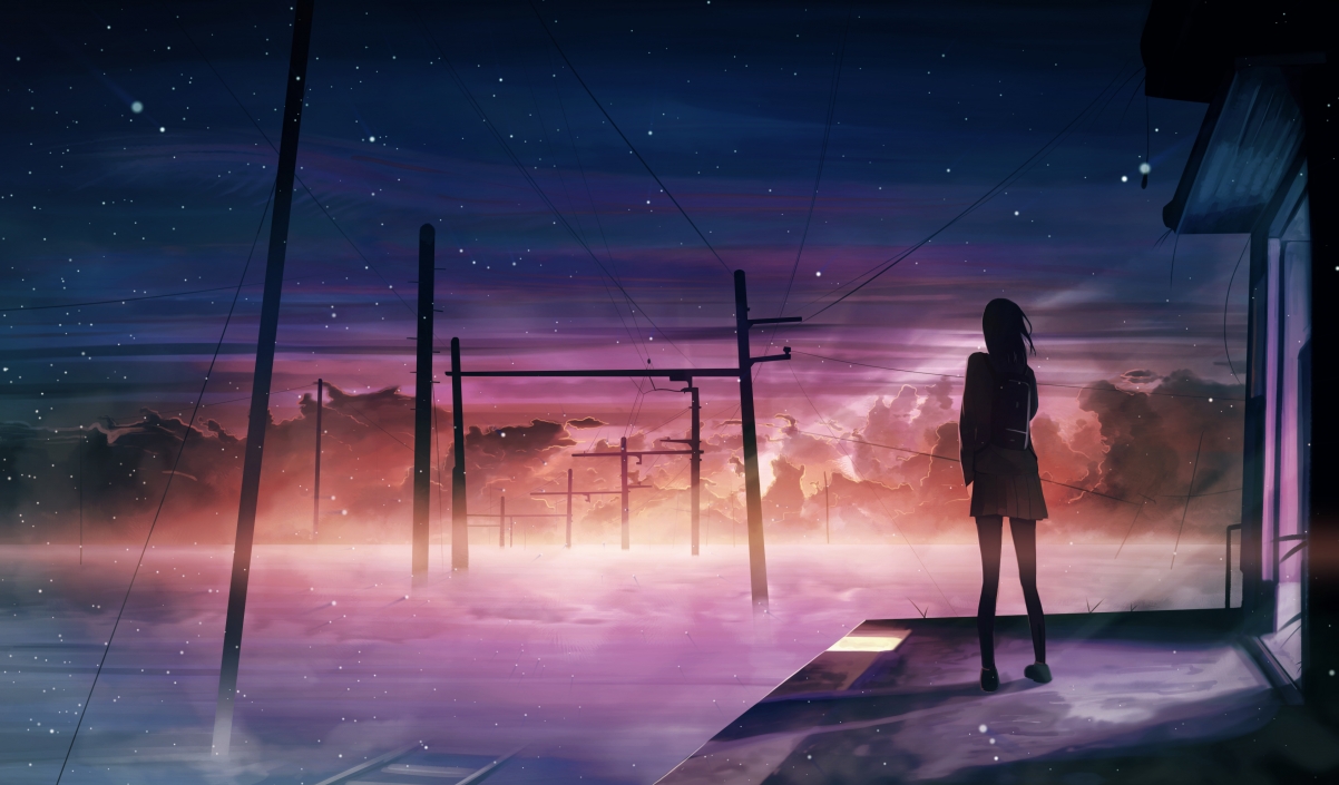 夕阳映电线，异世界星空女生，绝美4K动漫壁纸，高清3840x2251下载