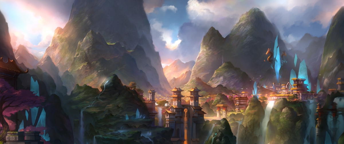 高峰瀑布树屋美景，4K超高清游戏原画壁纸，3440x1440分辨率，一键下载