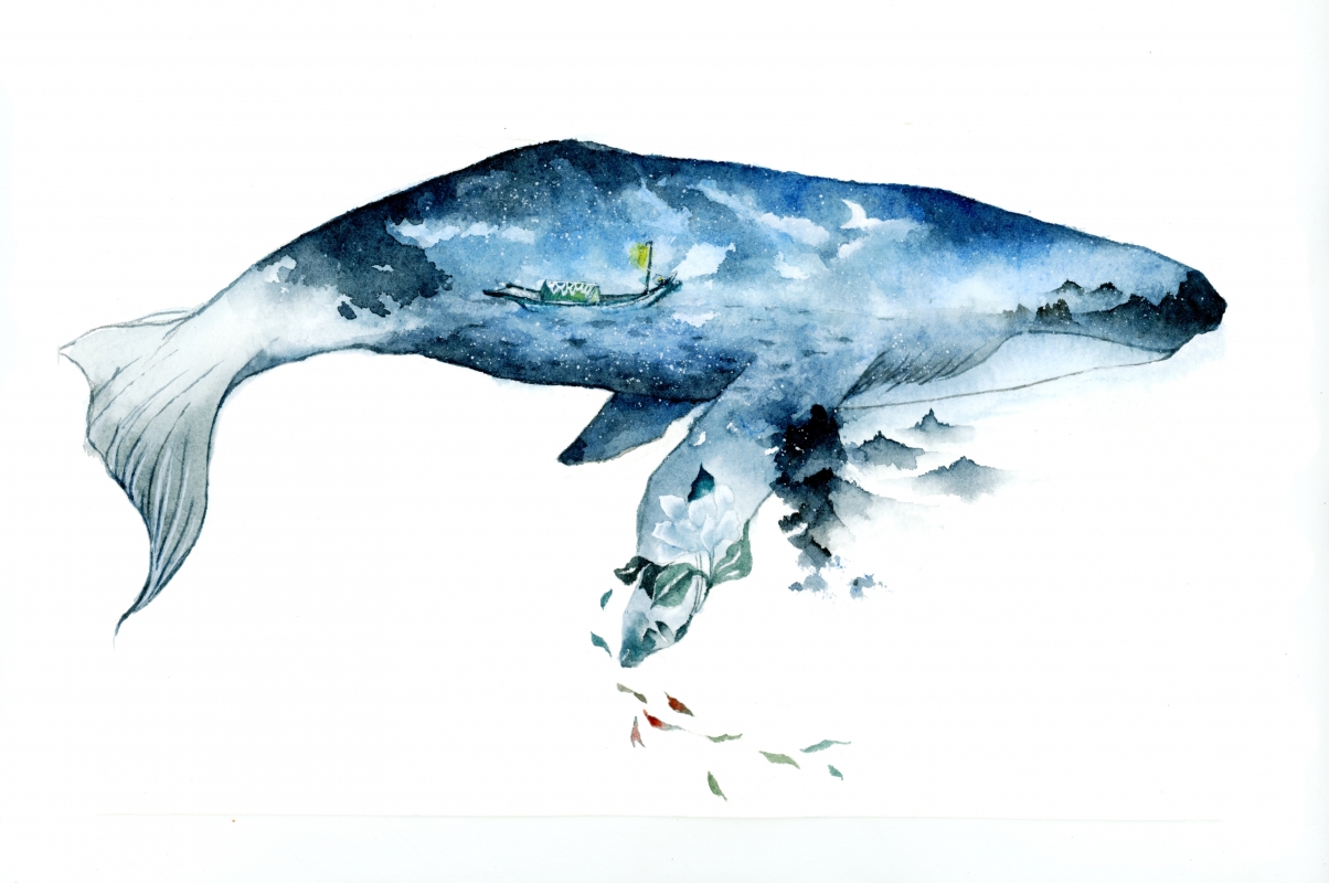 海之大鱼，船影随行，动漫插画风光，4K高清壁纸震撼呈现，7002x4651超清下载
