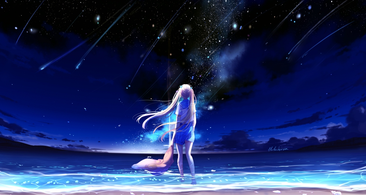 黑夜流星映天穹，女学生仰望大海，绝美4K动漫壁纸高清下载
