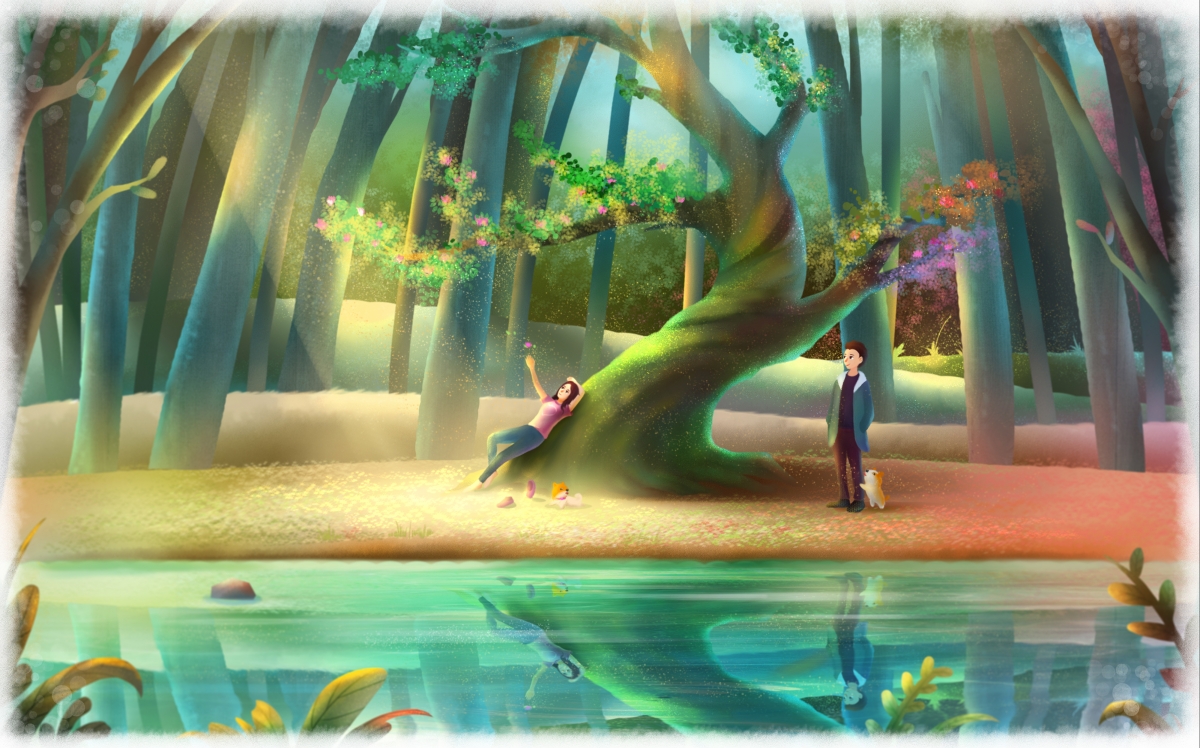 梦幻树林恋人插画，唯美情侣场景，高清4K壁纸下载