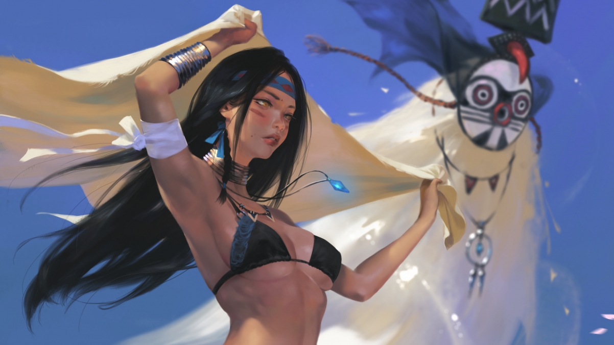 动漫女神秀肌肉，花瓣随风舞，超高清4K壁纸（3840x2160）免费下载