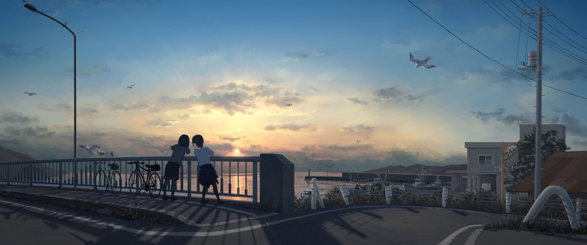 放学时刻，两位女学生骑行过桥，绝美4K动漫壁纸，高清3440x1440下载