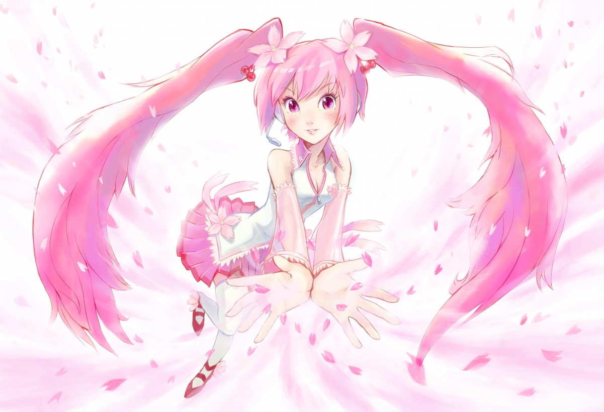 粉色樱花漫舞，初音未来女孩4K超清壁纸，高清4100x2800下载