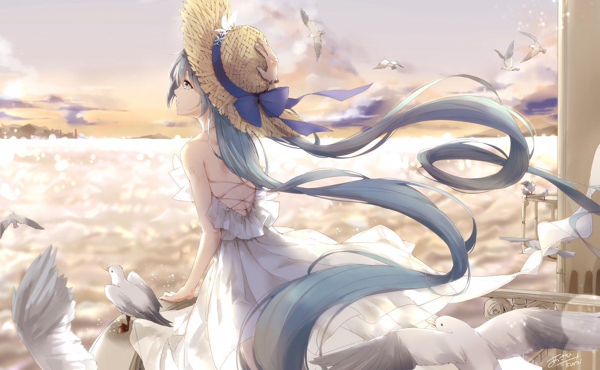 女孩与初音共赏阳台美景，鸟儿相伴的4K动漫壁纸，高清大图下载