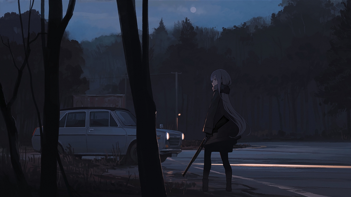 长发少女夜色森林图，4K高清壁纸，路边汽车，深邃背景，3840x2160下载