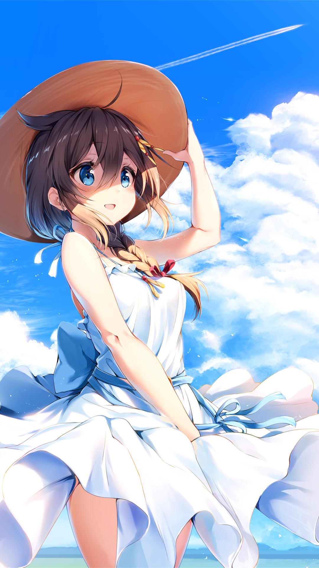 动漫女孩穿裙戴帽，天空背景绝美！1080x1920超清4K手机壁纸，一键下载！