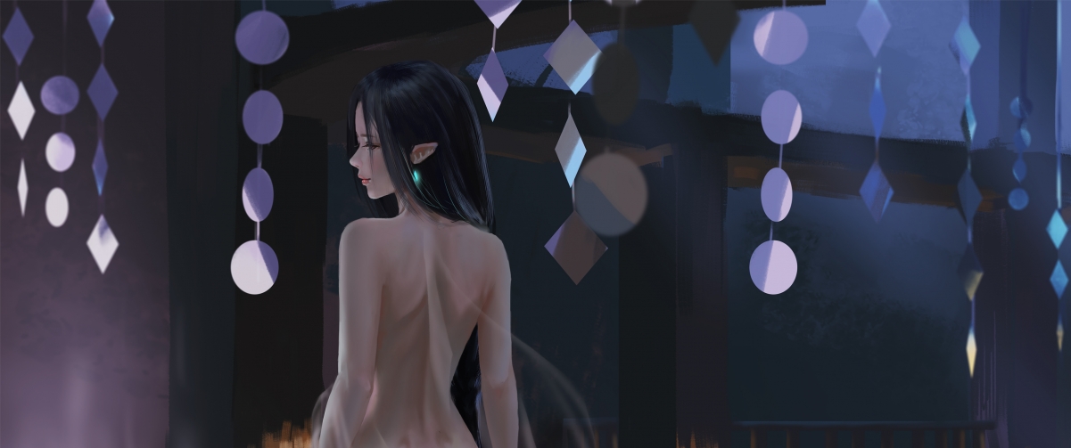 唯美长发露背女孩回眸瞬间，超清4K动漫壁纸，适配带鱼屏3440x1440免费下载