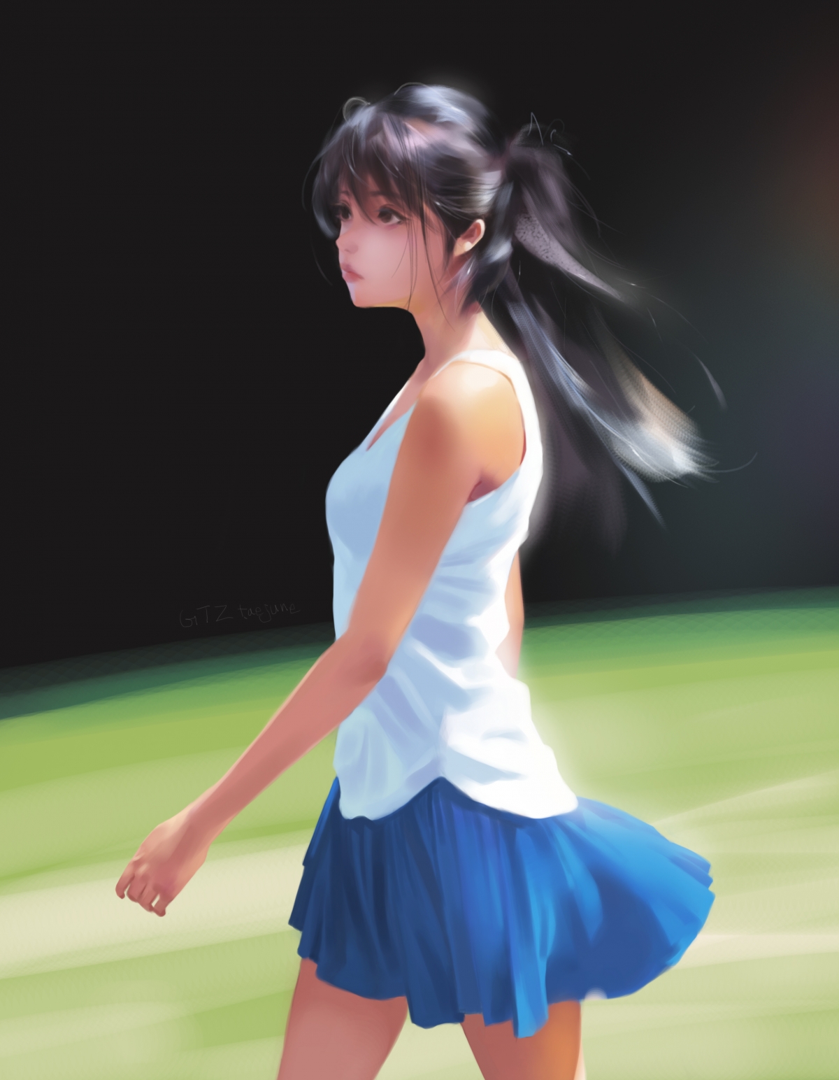 高清白色背心蓝色短裙少女壁纸，2500x3216分辨率，手机图片下载