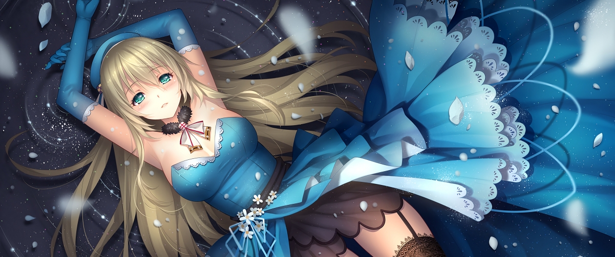 动漫少女高清壁纸，蓝色裙子礼服配黑色丝袜，4K超高清3440x1440下载
