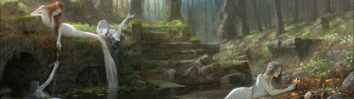 森林美人鱼，唯美艺术插画壁纸，高清4K动漫风格，5120x1440分辨率下载