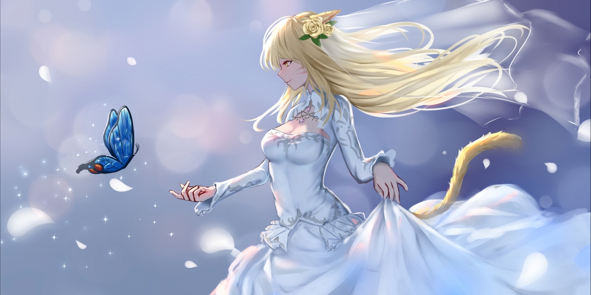 黄发少女穿白裙与蝶共舞，唯美4K动漫壁纸，超清4320x2160下载