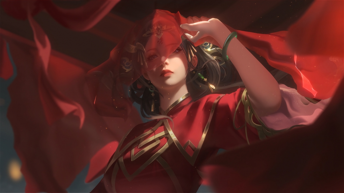 囍嫁新娘，红色华服配头纱，绝美4K动漫壁纸，高清3840x2160免费下载