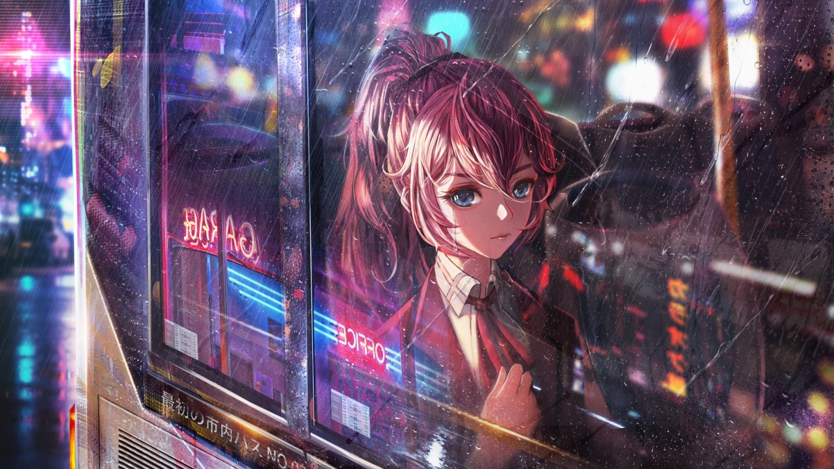 玻璃窗后的学生少女，精美4K动漫壁纸，超清3840x2160下载