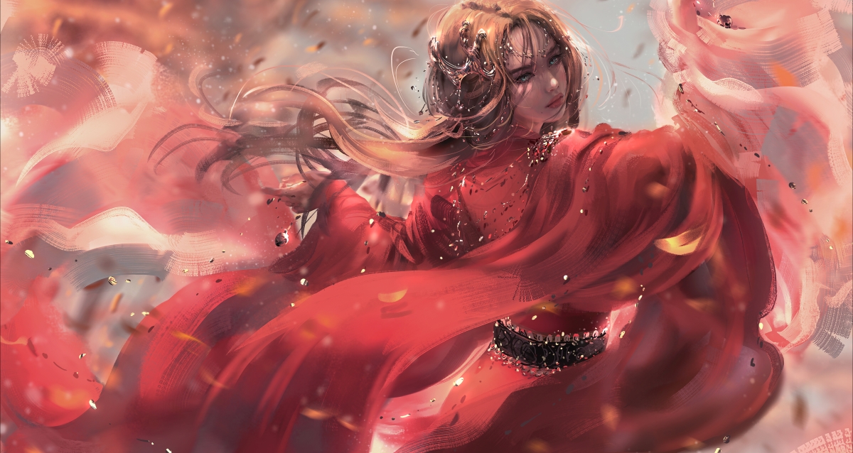 红裙姑娘长发飘飘，回眸一笑惊艳瞬间——4K超清动漫壁纸，4096x2179高清下载