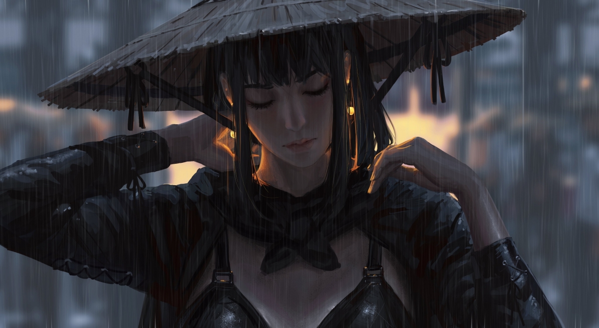 唯美雨天女孩闭眼戴帽壁纸，高清4K动漫美女图片，4096x2243分辨率，免费下载