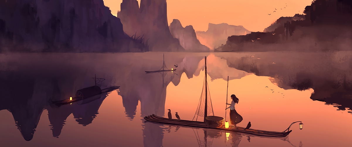 绝美二次元动漫女神，船与灯光映衬，4K高清带鱼屏壁纸，3440x1440超清下载