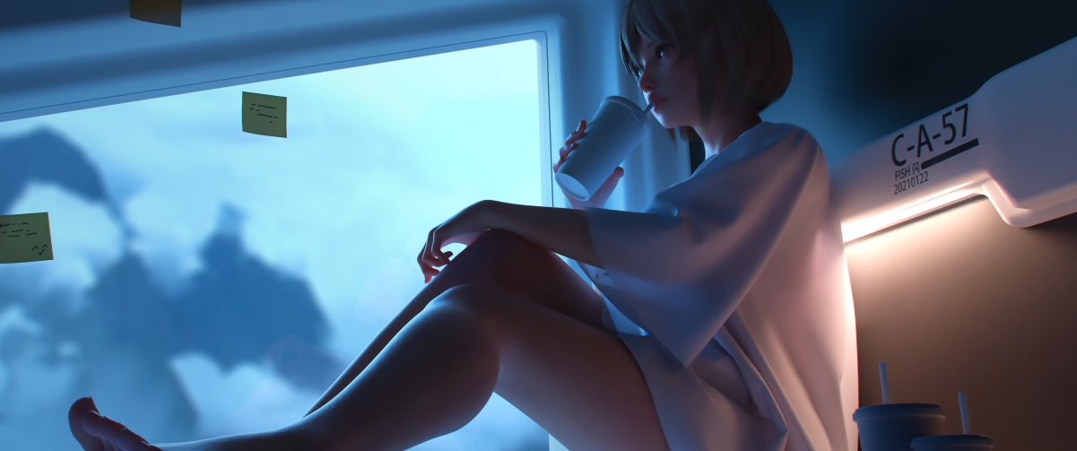 二次元短发美女，奶茶相伴，美腿瞩目，4K带鱼屏壁纸高清下载