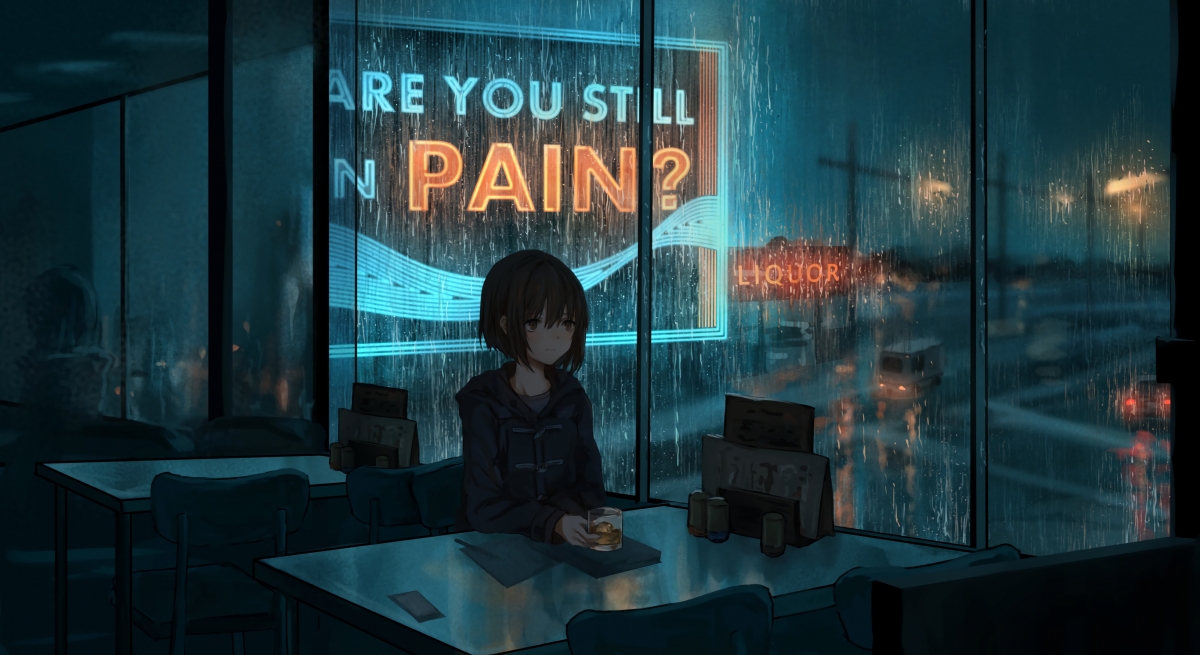 雨天夜景，女孩桌前赏雨，高清4K动漫壁纸免费下载（4000x2182）